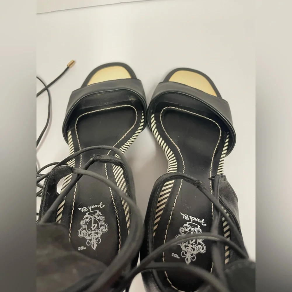 French blu vegan sandals block Heel lace up black gold 6